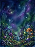 Enchanted forest floor with bioluminescent mushrooms and glowing stars in cosmic night sky, perfect for fantasy backgrounds and mystical designs.