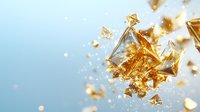 Shattered golden glass fragments exploding against light blue background, creating dynamic motion and sparkle effect with scattered reflective pieces.