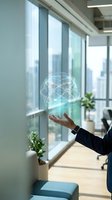 Businessperson in dark suit holding glowing digital brain hologram with network connections in modern office with floor-to-ceiling windows, representing artificial intelligence and innovation.