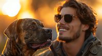 Young Caucasian man with curly hair and sunglasses smiling with his brown Labrador retriever dog during golden hour sunset, capturing joyful bonding moment between pet and owner.
