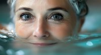 Close up portrait of mature woman with gray hair partially submerged in blue water, showing expressive eyes and gentle smile, wellness and spa concept.