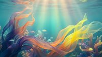 Underwater fantasy scene with flowing colorful ribbons and light rays streaming through turquoise water creating magical aquatic atmosphere for design projects.