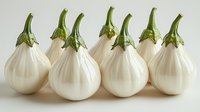 White round eggplants with green stems arranged in row on light background, fresh organic vegetables for healthy cooking and Mediterranean cuisine.