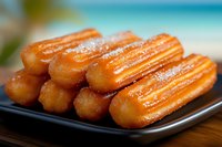 Fresh homemade French eclairs with golden caramel glaze arranged on dark plate against blurred turquoise background, close up view of traditional pastries.