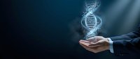 Businessman holding glowing DNA helix symbol representing genetic research, biotechnology innovation, and scientific discovery for healthcare and medical applications.