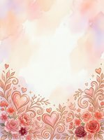 Romantic floral border with ornamental hearts and roses in soft watercolor pastels, isolated on white background. Perfect for wedding invitations, greeting cards, and Valentine designs.