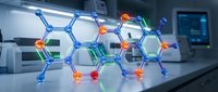 Glowing molecular structure model with colorful atoms in modern laboratory setting. Scientific research and chemistry education concept for pharmaceutical development.