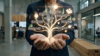 Businessman in dark suit holding glowing tree with golden branches displaying connected business icons and growth symbols in modern office environment.