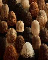 Collection of diverse wigs in various natural hair colors and textures including blonde, brunette, black, and auburn with straight, wavy, and curly styles.