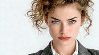 Professional young Caucasian businesswoman with curly blonde hair and confident expression in formal suit jacket isolated on white background.