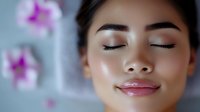 Young Asian woman with closed eyes and gentle smile expressing serenity and wellbeing, with soft-focused purple orchids in background creating spa atmosphere.