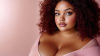 Young African American woman with natural curly hair and glamorous makeup against pink background, wearing pink knit top, beauty portrait with soft lighting.