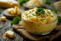 Creamy homemade macaroni and cheese garnished with fresh parsley in glass bowl on rustic wooden board, comfort food close-up with selective focus.