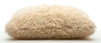 Soft fluffy cream pet bed with plush faux fur texture, isolated on white background, perfect for pet shop and home decor design projects.