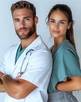 Professional male doctor and female nurse team standing together in medical uniforms with stethoscope for healthcare and medical services.