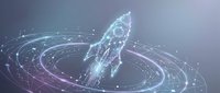Digital rocket launch with glowing orbital rings and particle effects on gradient background for technology startup and innovation concepts.