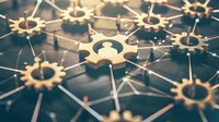 Connected golden gears forming network pattern on dark background, illustrating business cooperation, teamwork and mechanical interaction concept.