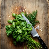 Fresh herbs bundle with parsley, dill and rosemary on rustic wooden cutting board with chef knife and sea salt for culinary cooking preparation.