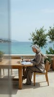 Senior woman working on laptop at seaside terrace with ocean view, remote work lifestyle, digital nomad concept for business and travel content.