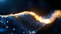 Glowing digital wave with blue and gold bokeh lights on dark background creates futuristic network visualization effect, suitable for technology concepts.