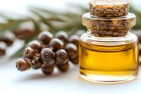 Small glass bottle of golden juniper essential oil with fresh brown berries on blurred background, natural aromatherapy and spa concept.