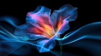 Luminous abstract flower in neon blue and pink colors with glowing center and flowing light trails against dark background, creating magical ethereal effect.