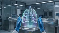 Medical professional examining holographic lung anatomy display in modern laboratory with advanced diagnostic technology for respiratory health research.