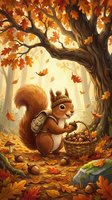 Cute cartoon squirrel gathering acorns in wicker basket under autumn oak tree with falling leaves in magical forest setting for children's books.