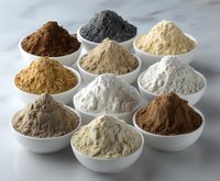 Various natural clay and mineral powder ingredients in white ceramic bowls arranged on light gray surface, showing different earth tone colors and textures.