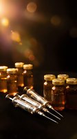 Medical vials with amber liquid and syringes on dark background with warm bokeh lights for pharmaceutical research and healthcare concepts.