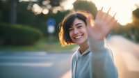 Young Hispanic woman with short brown hair smiling and waving at camera during golden hour sunset on urban street with warm bokeh lights in background.
