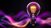 Glowing vintage light bulb with orange filament against abstract purple waves background, creative innovation concept for business solutions.