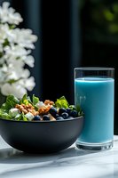 Fresh salad with blueberries, feta cheese, and walnuts in black ceramic bowl alongside bright blue spirulina smoothie on marble surface, white flowers in background.