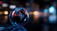 Crystal globe with glowing stock market chart and world map reflecting global financial data on dark background with bokeh lights. For business concepts.
