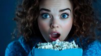 Young woman with curly hair and bright blue eyes expressing surprise while watching movie and eating popcorn from blue container against dark background.