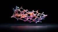 Glowing molecular structure with vibrant pink, orange and blue colors floating in dark space, abstract scientific visualization showing interconnected nodes and bonds.