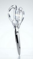 Clear acrylic kitchen scissors with stainless steel handles isolated on white background, ready for design use in culinary, craft, and household product applications.