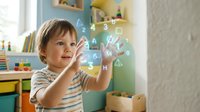 Young child interacting with holographic educational symbols in modern playroom setting for early learning technology concepts.