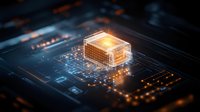 Glowing orange cube processor on futuristic circuit board with digital connections, representing advanced computing technology and artificial intelligence.
