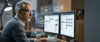 Senior Caucasian businessman with glasses analyzing data on dual monitors with holographic cloud computing interface in modern office environment.