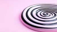 Hypnotic black and white spiral pattern on pink background creates optical illusion effect, abstract geometric design with curved concentric circles and swirl motion.