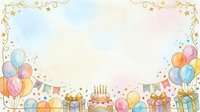 Festive birthday celebration scene with colorful balloons, wrapped gift boxes, bunting flags, and decorated cake with candles on pastel background. Isolated design element suitable for greeting cards, invitations, and party planning materials.
