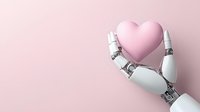 Robotic hand holding pink heart against soft pink background, representing artificial intelligence, machine learning and emotional technology advancement.