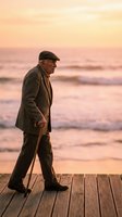 Elderly man wearing flat cap and brown jacket walks with cane on wooden pier at sunset, gazing toward ocean waves during golden hour. Suitable for retirement, aging, solitude, and lifestyle concepts.
