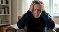 Stressed middle-aged Caucasian man holding head in hands showing mental health struggles, depression, anxiety, burnout in home living room setting.