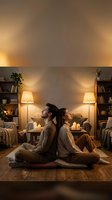 Couple sitting back-to-back on floor in cozy living room with warm lighting, bookshelves, lamps and candles creating intimate atmosphere for relaxation and togetherness.