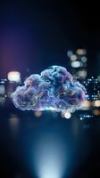 Digital brain with circuit patterns glowing in blue and purple neon light against blurred city skyline, representing artificial intelligence, technology, and data processing for tech and innovation projects.