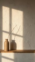 Minimalist ceramic vase with dried branches on wooden shelf against textured white wall with natural window light and shadow, suitable for home decor and interior design projects.