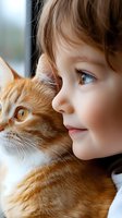 Close-up portrait of young child with brown hair cuddling ginger cat near window, tender moment between pet and owner showing love and companionship.