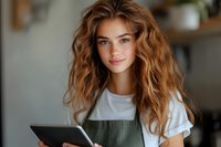 Young woman with wavy ginger hair wearing green apron and white t-shirt holding digital tablet, looking at camera with gentle smile against blurred background.